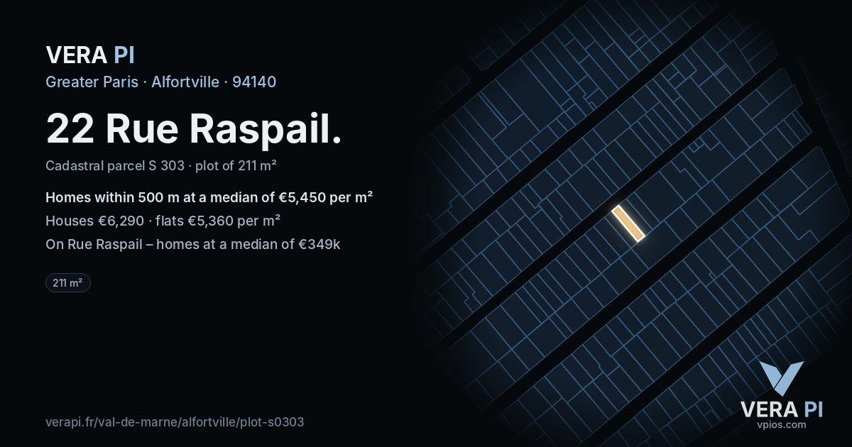 22 Rue Raspail, Alfortville at night – the plot lit, the parcels around coloured by the prices near them