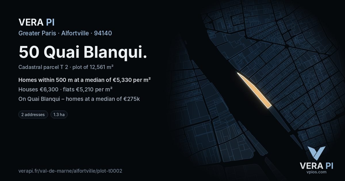 50 Quai Blanqui, Alfortville at night – the plot lit, the parcels around coloured by the prices near them