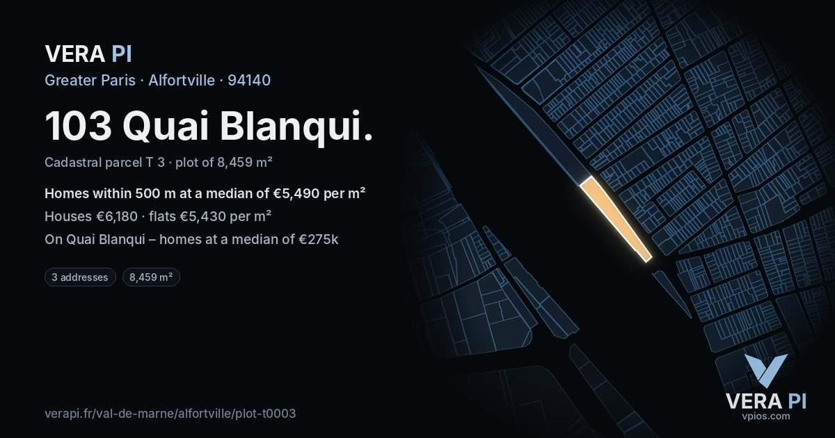 103 Quai Blanqui, Alfortville at night – the plot lit, the parcels around coloured by the prices near them