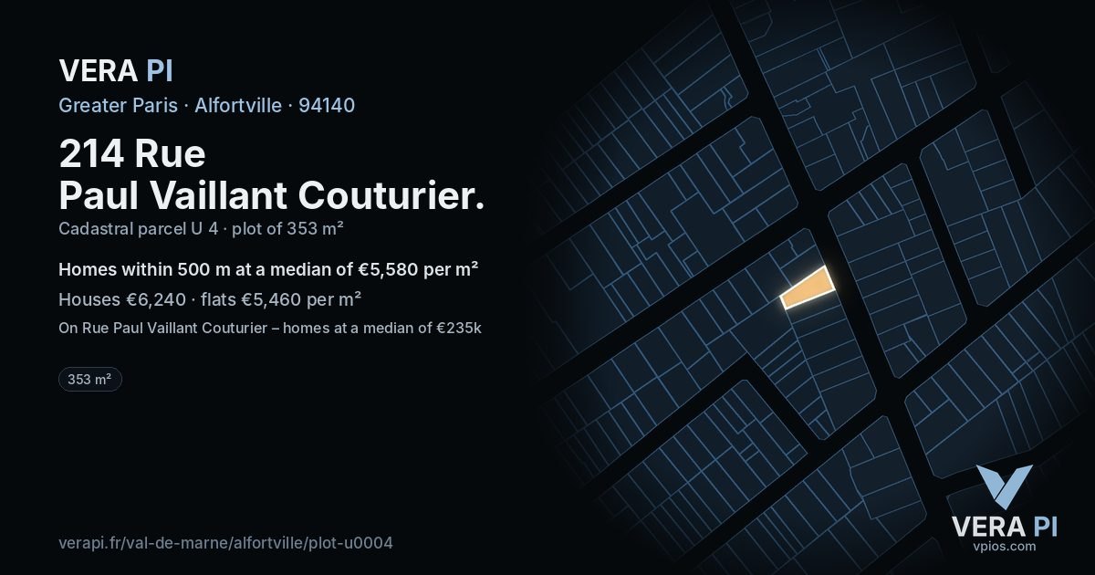 214 Rue Paul Vaillant Couturier, Alfortville at night – the plot lit, the parcels around coloured by the prices near them