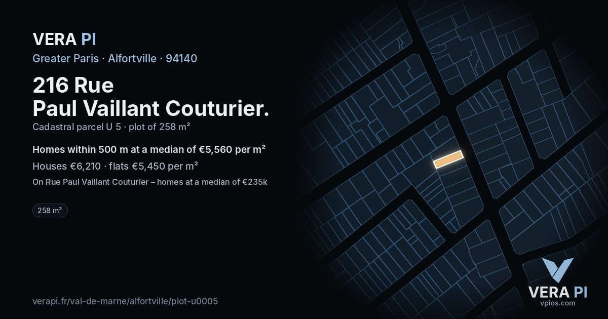 216 Rue Paul Vaillant Couturier, Alfortville at night – the plot lit, the parcels around coloured by the prices near them