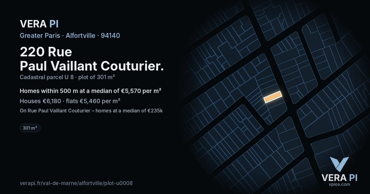 220 Rue Paul Vaillant Couturier, Alfortville at night – the plot lit, the parcels around coloured by the prices near them