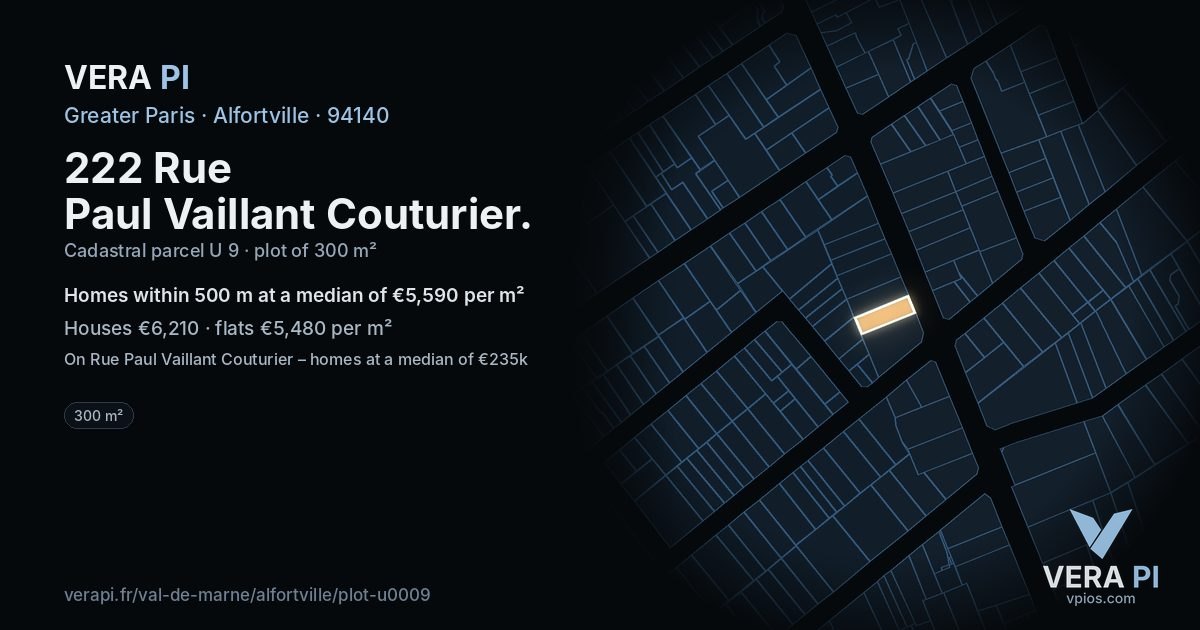 222 Rue Paul Vaillant Couturier, Alfortville at night – the plot lit, the parcels around coloured by the prices near them