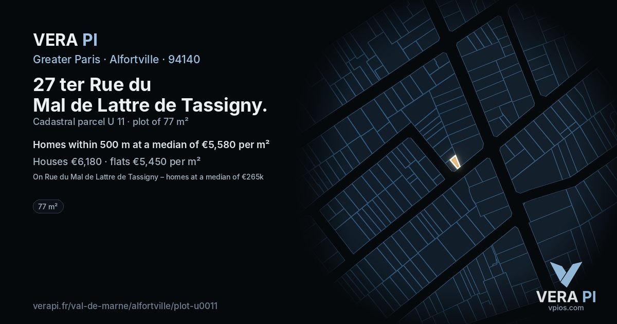 27 ter Rue du Mal de Lattre de Tassigny, Alfortville at night – the plot lit, the parcels around coloured by the prices near them
