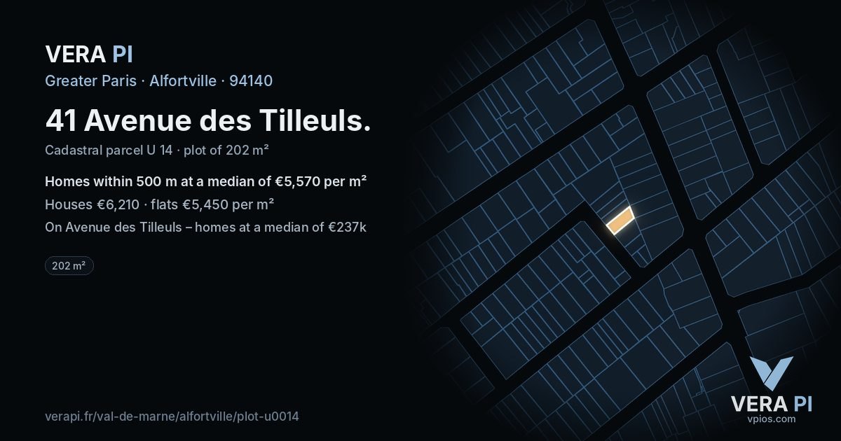 41 Avenue des Tilleuls, Alfortville at night – the plot lit, the parcels around coloured by the prices near them