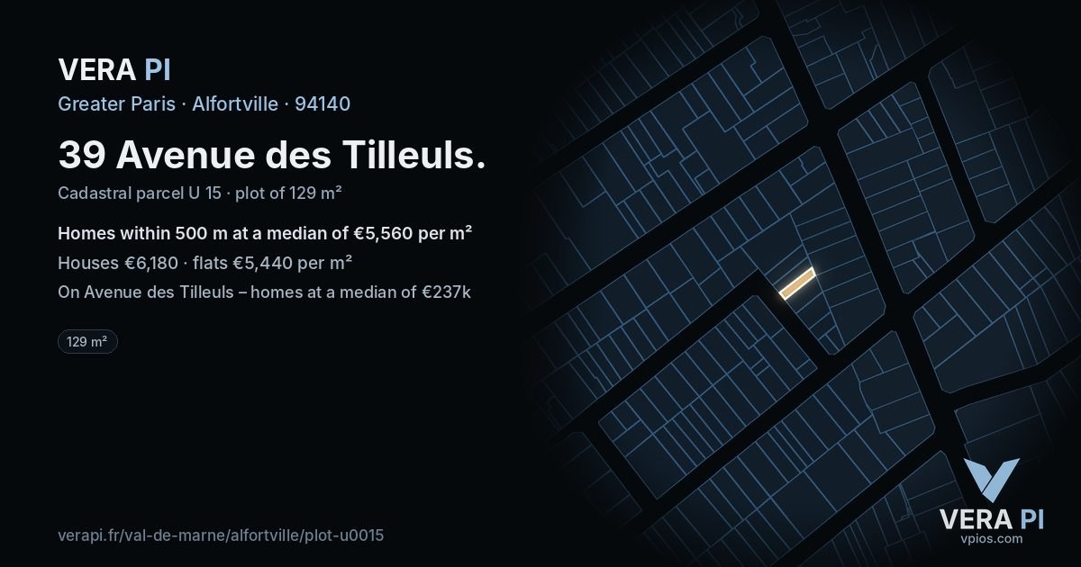 39 Avenue des Tilleuls, Alfortville at night – the plot lit, the parcels around coloured by the prices near them