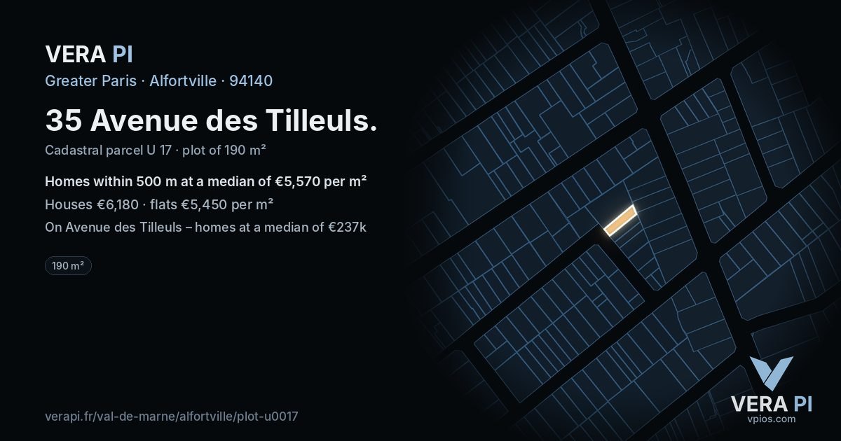 35 Avenue des Tilleuls, Alfortville at night – the plot lit, the parcels around coloured by the prices near them