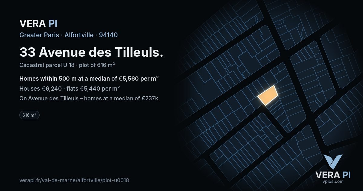 33 Avenue des Tilleuls, Alfortville at night – the plot lit, the parcels around coloured by the prices near them