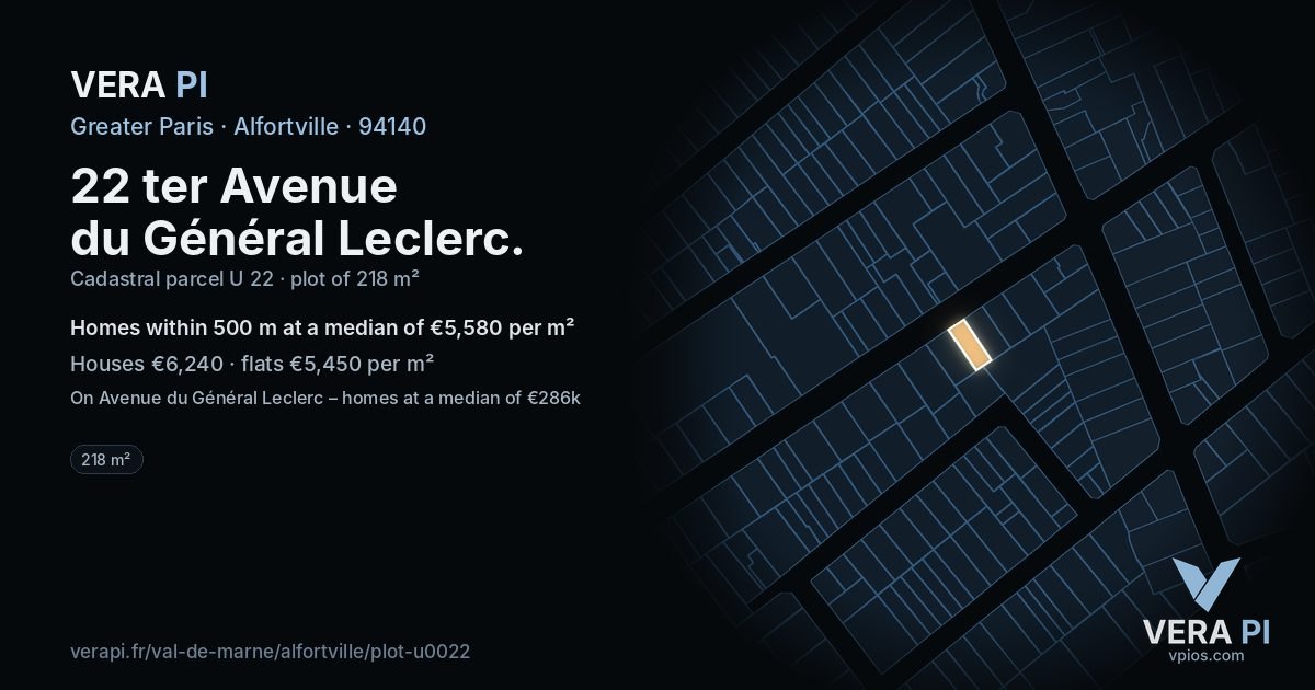 22 ter Avenue du Général Leclerc, Alfortville at night – the plot lit, the parcels around coloured by the prices near them