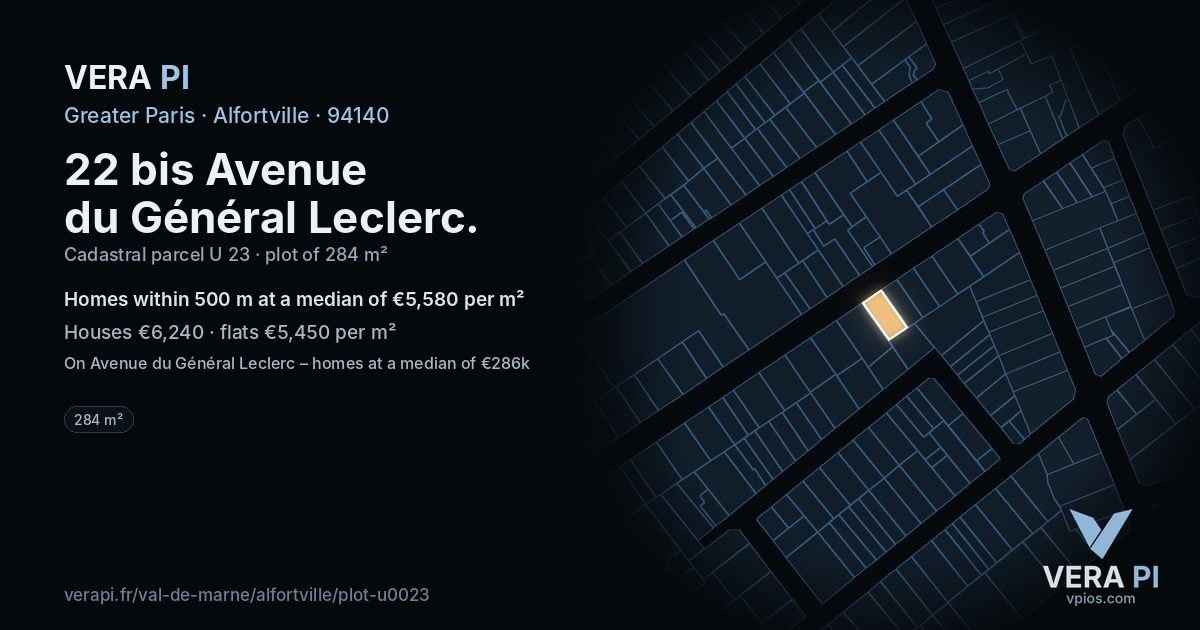 22 bis Avenue du Général Leclerc, Alfortville at night – the plot lit, the parcels around coloured by the prices near them