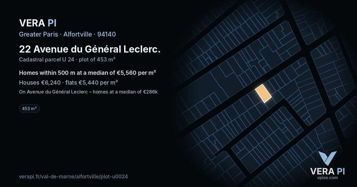 22 Avenue du Général Leclerc, Alfortville at night – the plot lit, the parcels around coloured by the prices near them