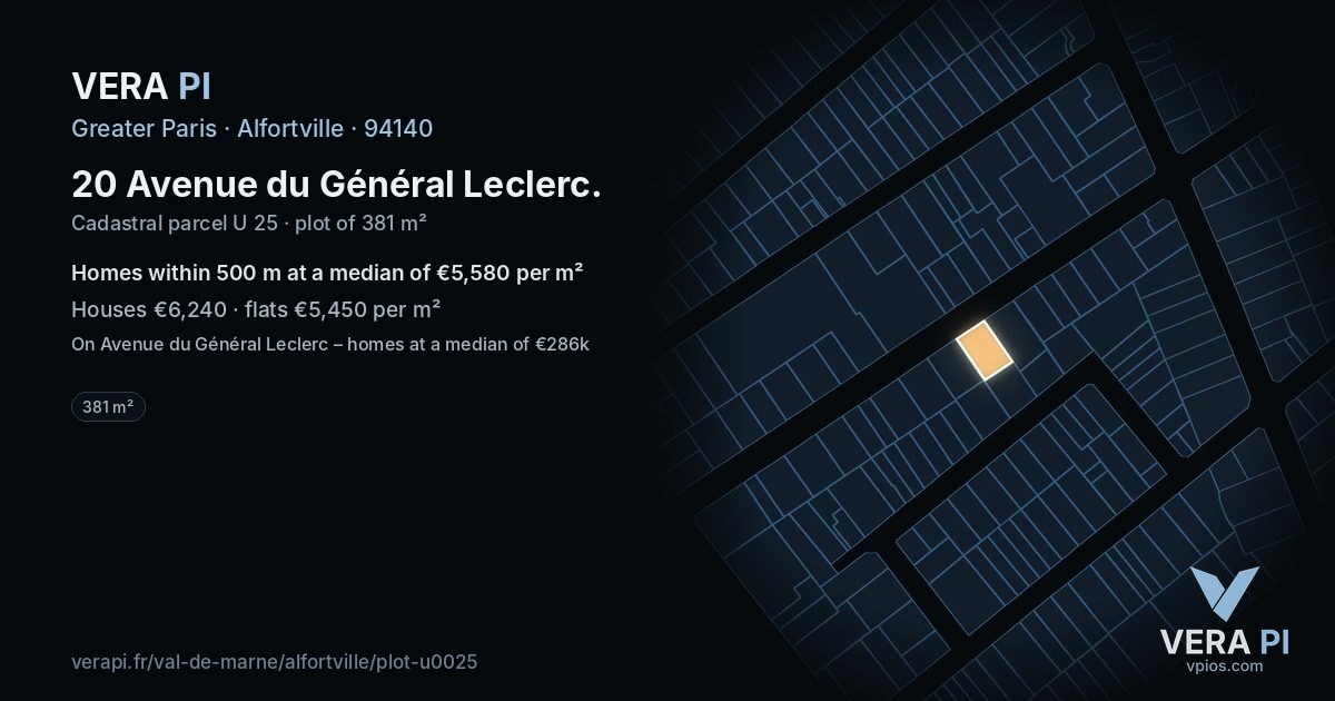 20 Avenue du Général Leclerc, Alfortville at night – the plot lit, the parcels around coloured by the prices near them