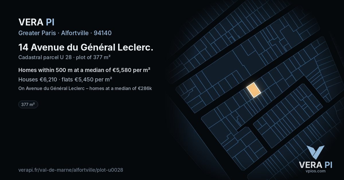 14 Avenue du Général Leclerc, Alfortville at night – the plot lit, the parcels around coloured by the prices near them