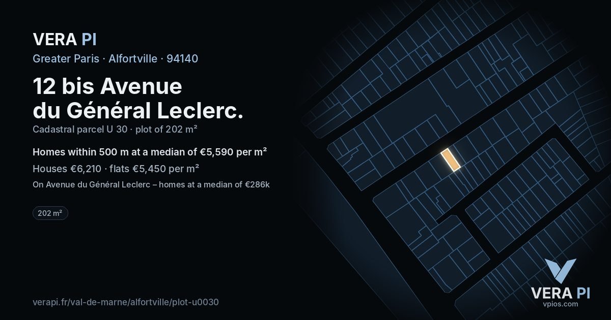 12 bis Avenue du Général Leclerc, Alfortville at night – the plot lit, the parcels around coloured by the prices near them
