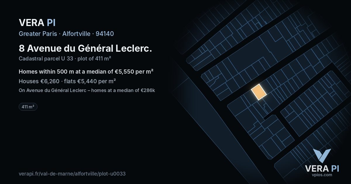8 Avenue du Général Leclerc, Alfortville at night – the plot lit, the parcels around coloured by the prices near them