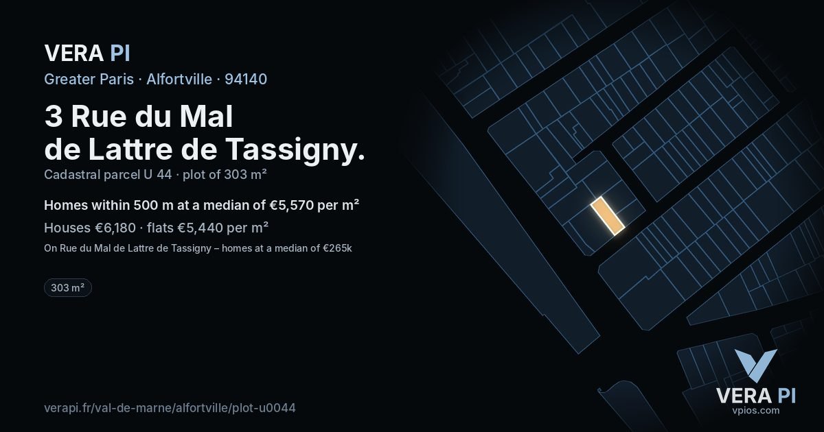 3 Rue du Mal de Lattre de Tassigny, Alfortville at night – the plot lit, the parcels around coloured by the prices near them