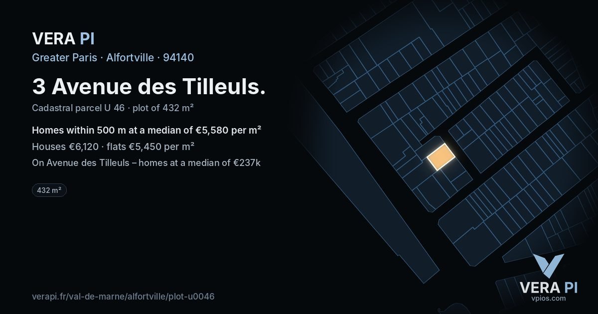 3 Avenue des Tilleuls, Alfortville at night – the plot lit, the parcels around coloured by the prices near them