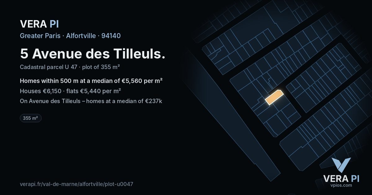5 Avenue des Tilleuls, Alfortville at night – the plot lit, the parcels around coloured by the prices near them
