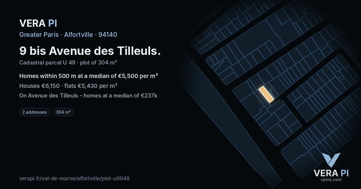9 bis Avenue des Tilleuls, Alfortville at night – the plot lit, the parcels around coloured by the prices near them