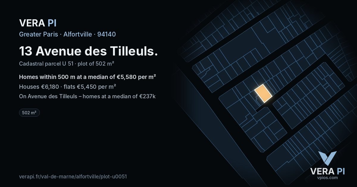 13 Avenue des Tilleuls, Alfortville at night – the plot lit, the parcels around coloured by the prices near them
