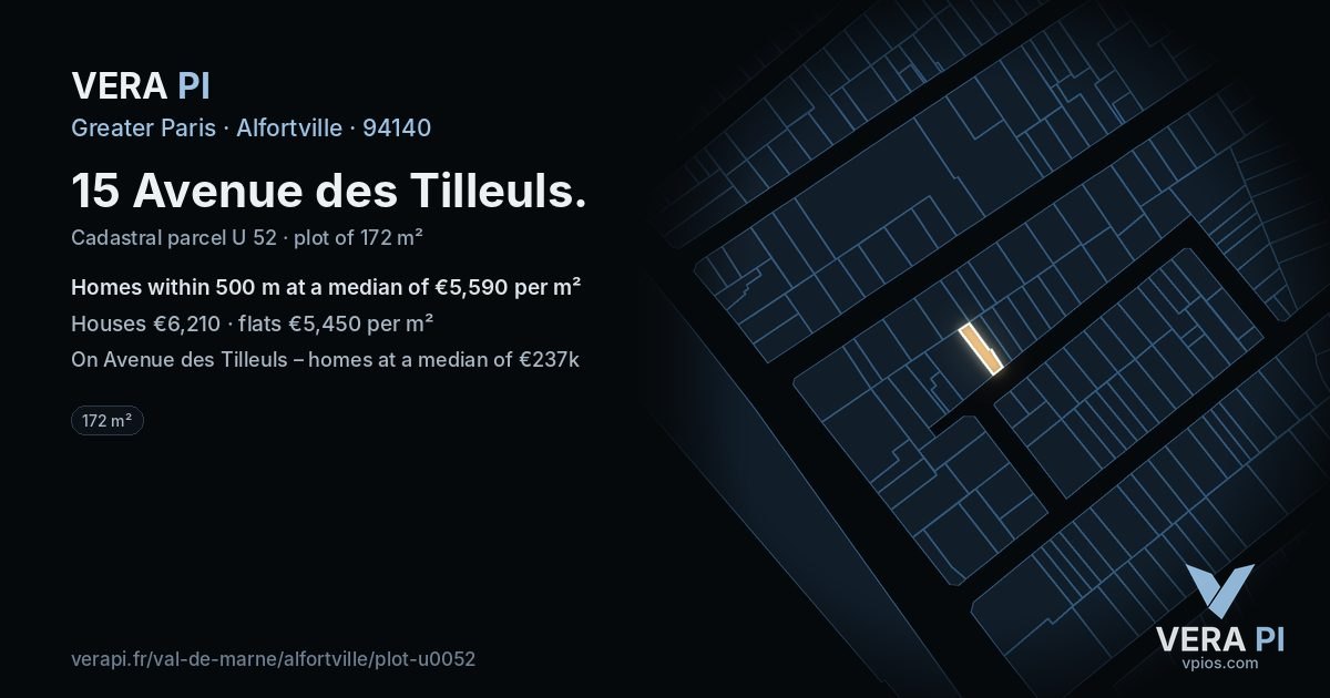 15 Avenue des Tilleuls, Alfortville at night – the plot lit, the parcels around coloured by the prices near them