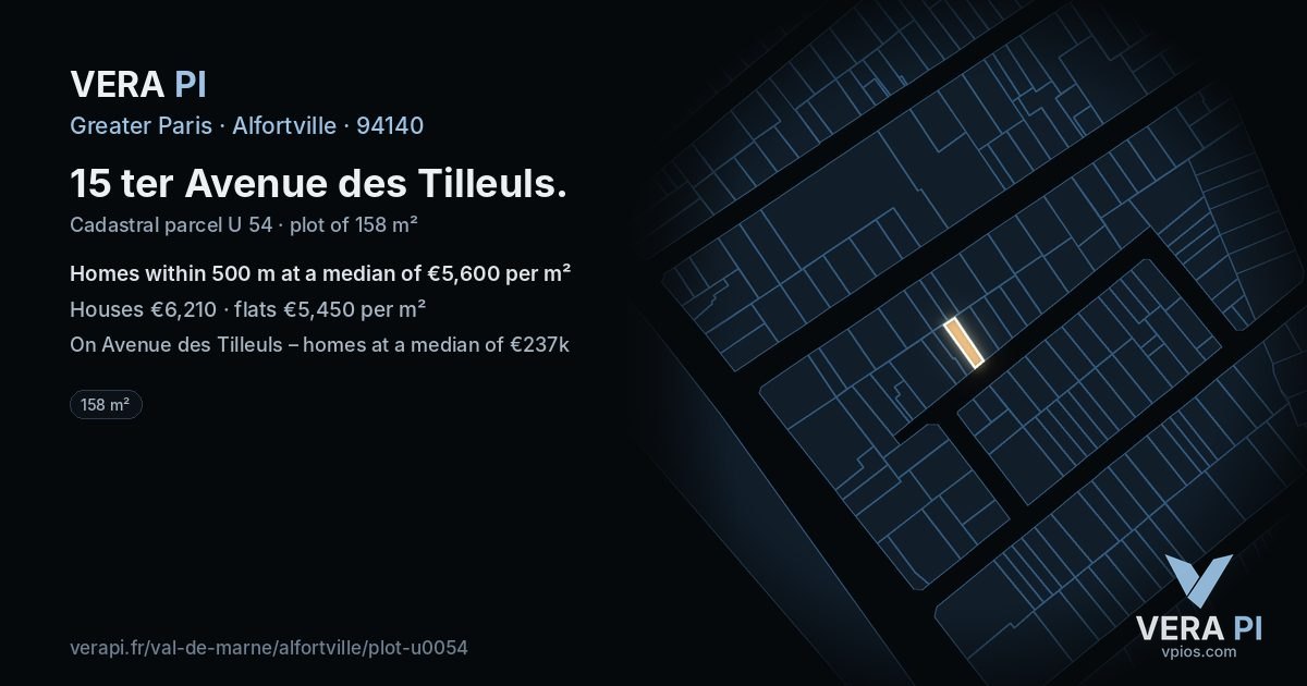 15 ter Avenue des Tilleuls, Alfortville at night – the plot lit, the parcels around coloured by the prices near them