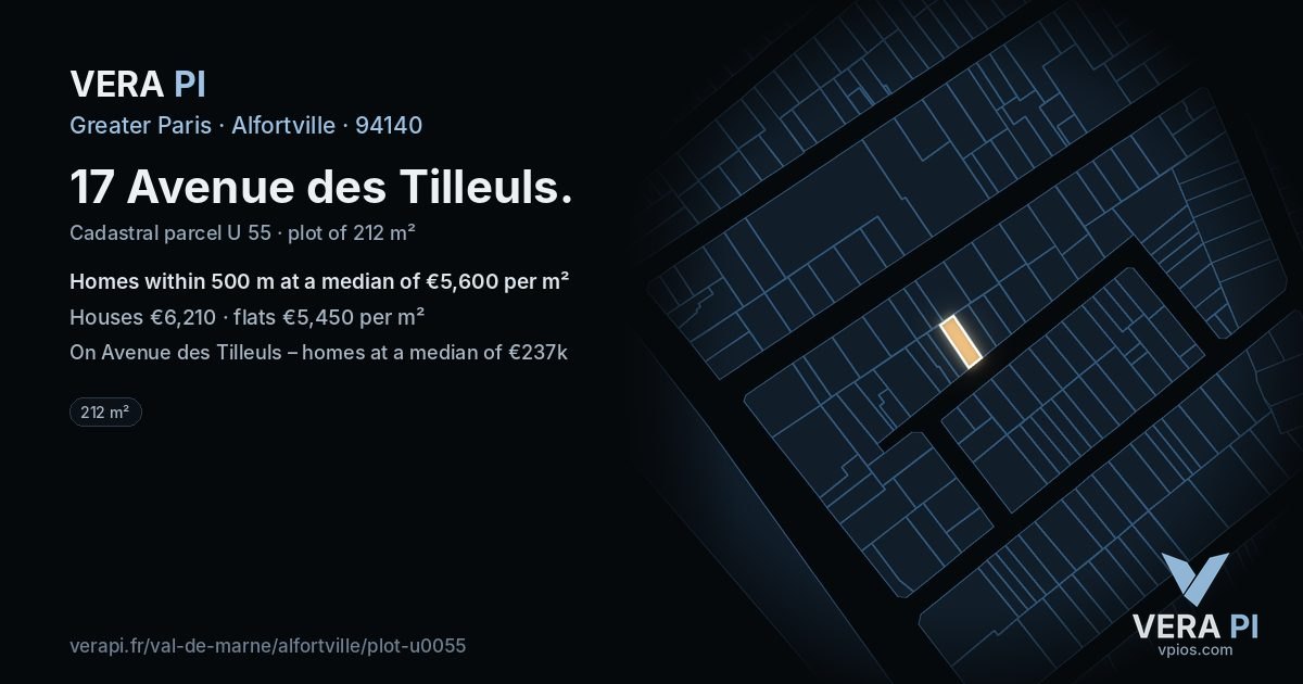 17 Avenue des Tilleuls, Alfortville at night – the plot lit, the parcels around coloured by the prices near them