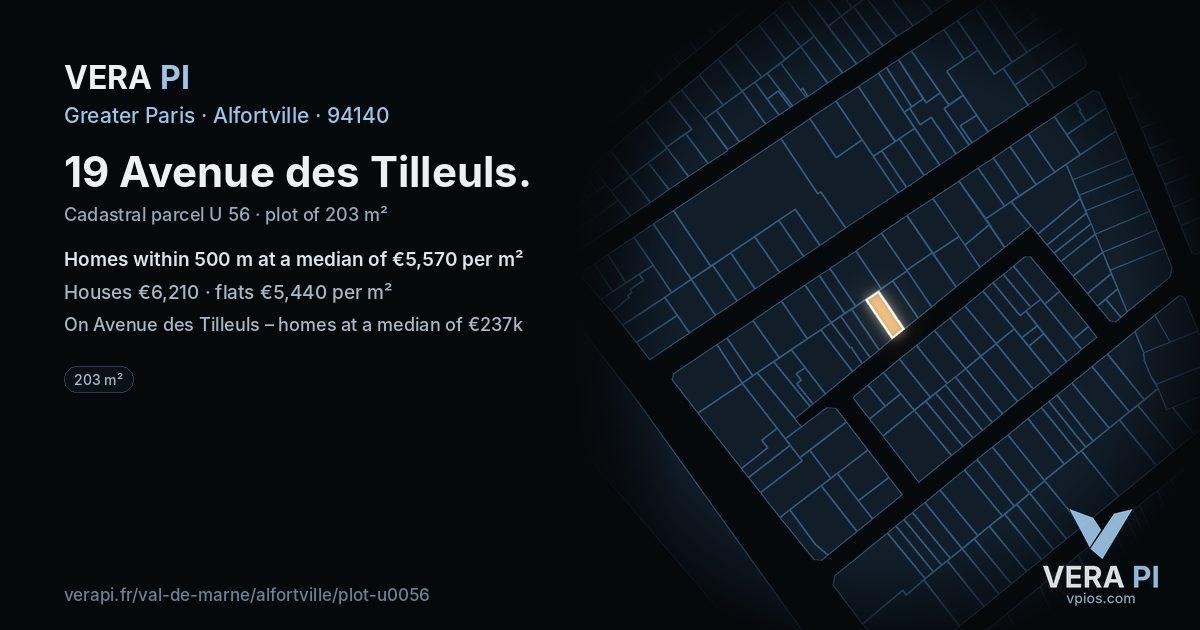 19 Avenue des Tilleuls, Alfortville at night – the plot lit, the parcels around coloured by the prices near them