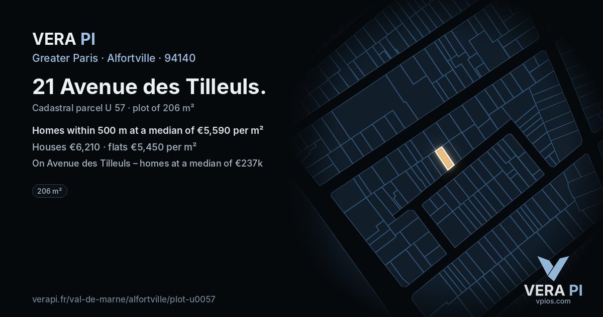 21 Avenue des Tilleuls, Alfortville at night – the plot lit, the parcels around coloured by the prices near them