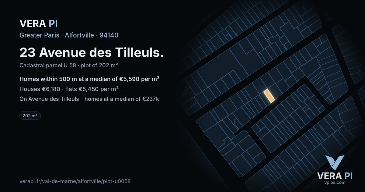 23 Avenue des Tilleuls, Alfortville at night – the plot lit, the parcels around coloured by the prices near them