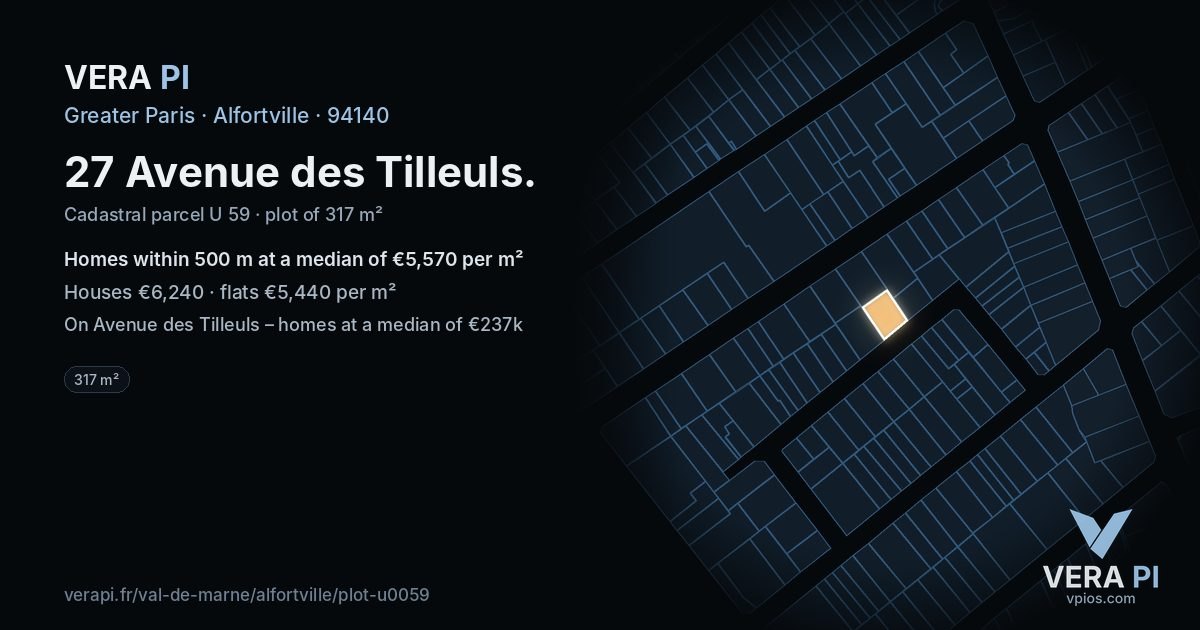 27 Avenue des Tilleuls, Alfortville at night – the plot lit, the parcels around coloured by the prices near them