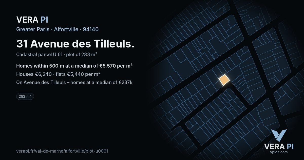 31 Avenue des Tilleuls, Alfortville at night – the plot lit, the parcels around coloured by the prices near them