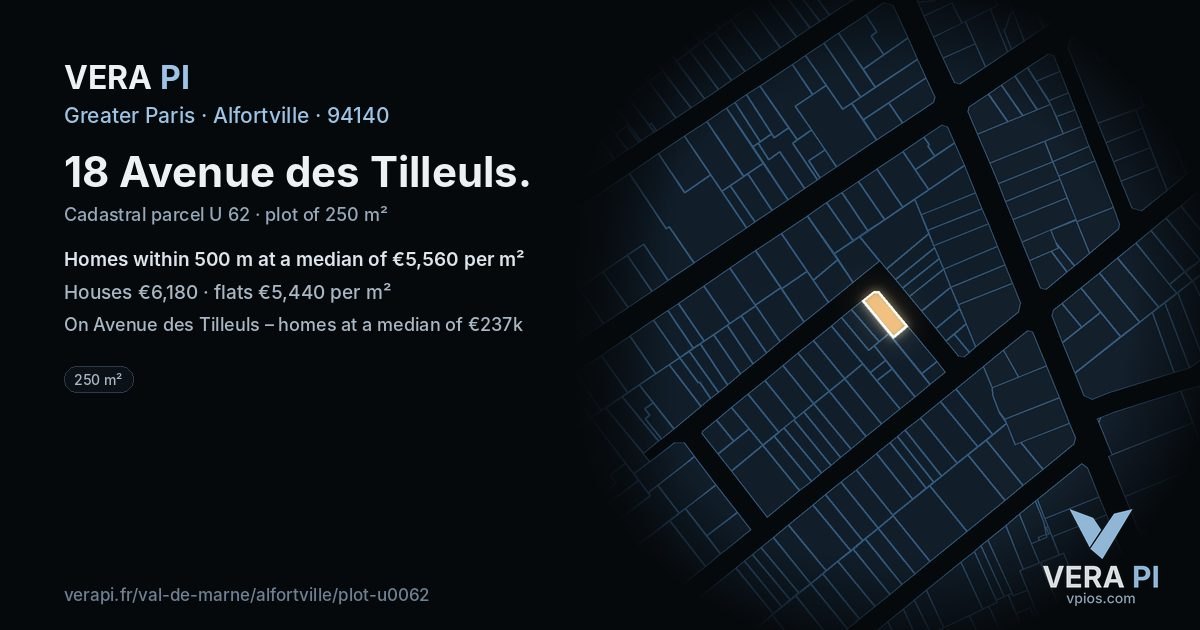 18 Avenue des Tilleuls, Alfortville at night – the plot lit, the parcels around coloured by the prices near them