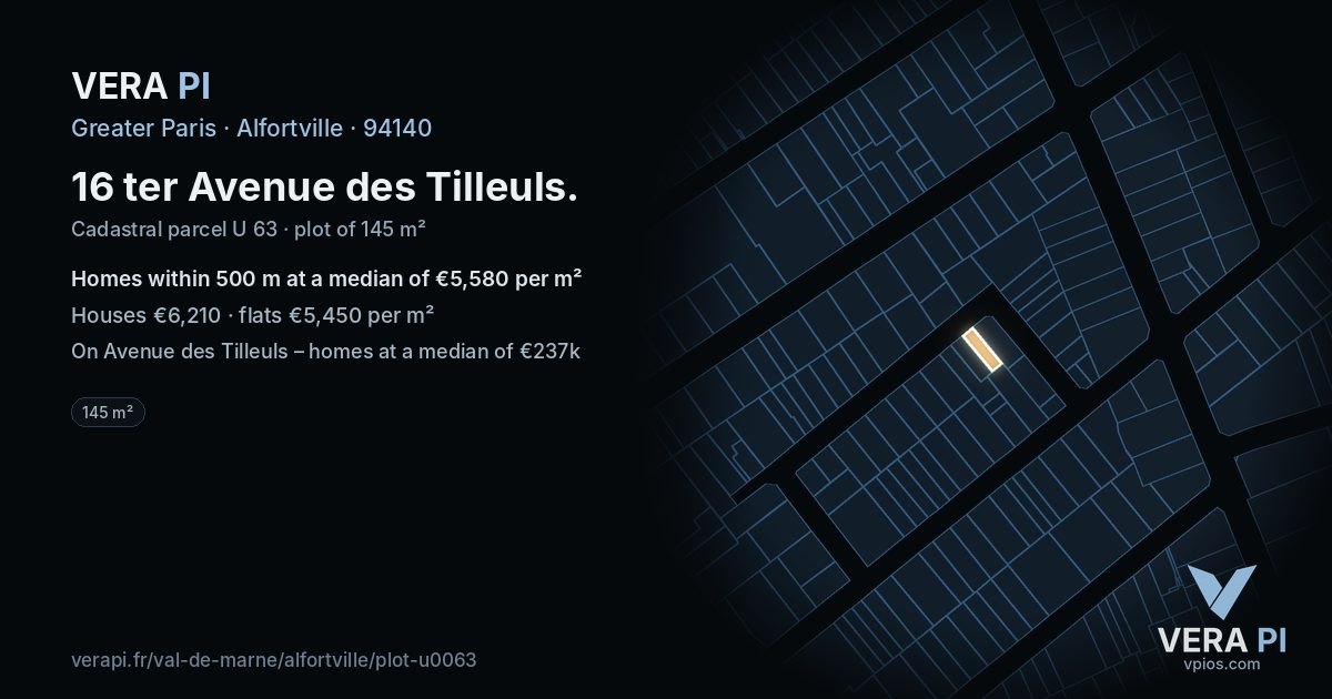 16 ter Avenue des Tilleuls, Alfortville at night – the plot lit, the parcels around coloured by the prices near them