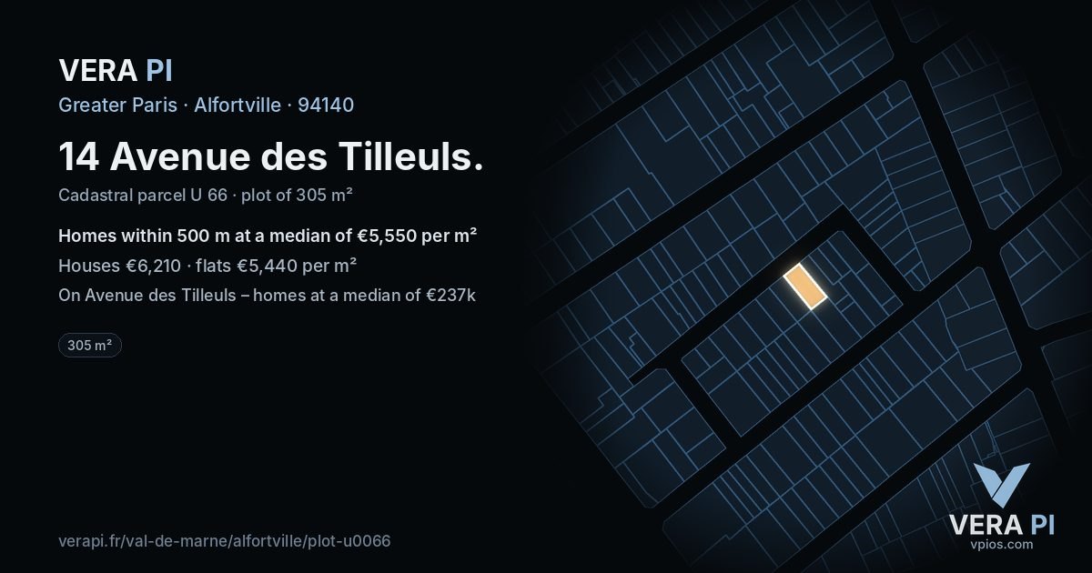 14 Avenue des Tilleuls, Alfortville at night – the plot lit, the parcels around coloured by the prices near them