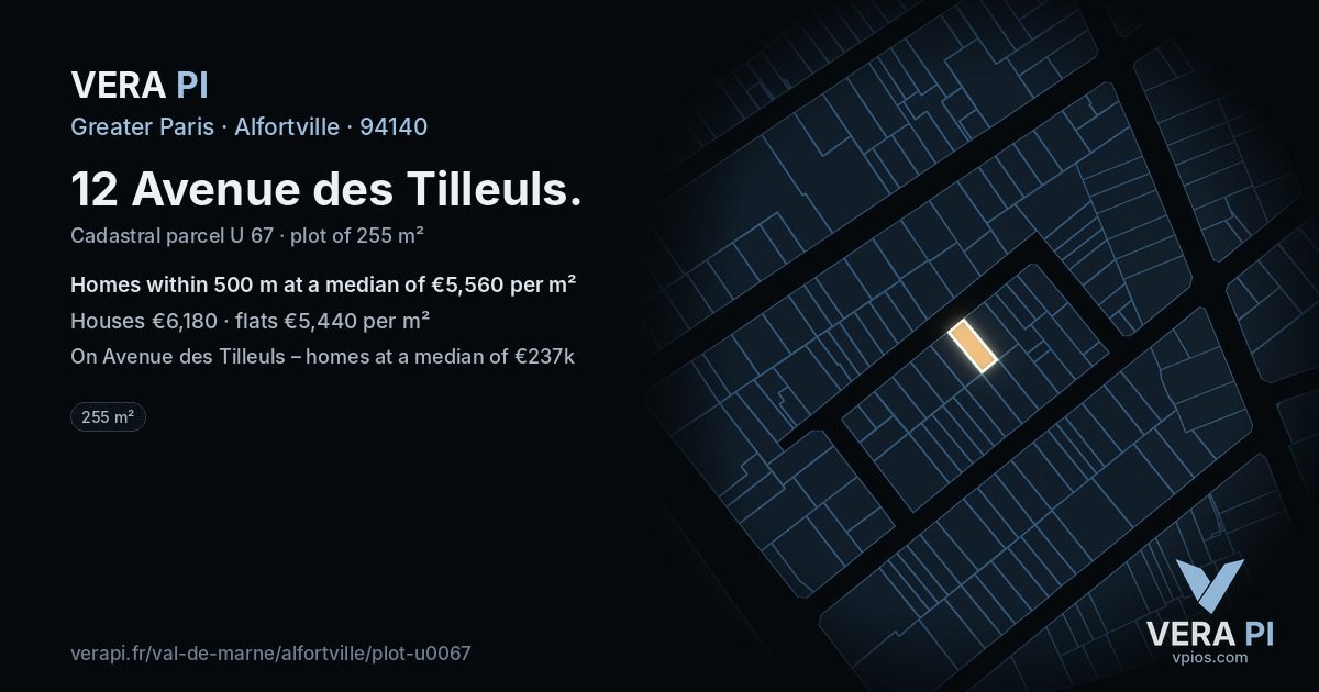 12 Avenue des Tilleuls, Alfortville at night – the plot lit, the parcels around coloured by the prices near them