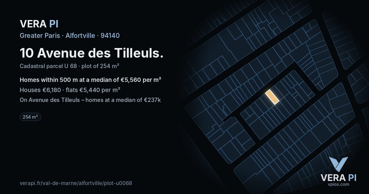 10 Avenue des Tilleuls, Alfortville at night – the plot lit, the parcels around coloured by the prices near them