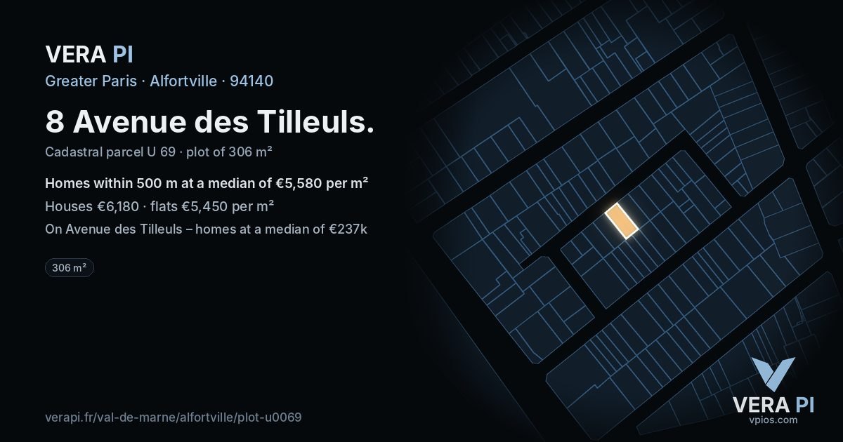 8 Avenue des Tilleuls, Alfortville at night – the plot lit, the parcels around coloured by the prices near them