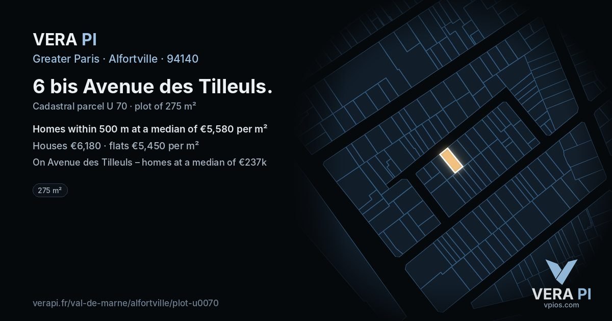 6 bis Avenue des Tilleuls, Alfortville at night – the plot lit, the parcels around coloured by the prices near them