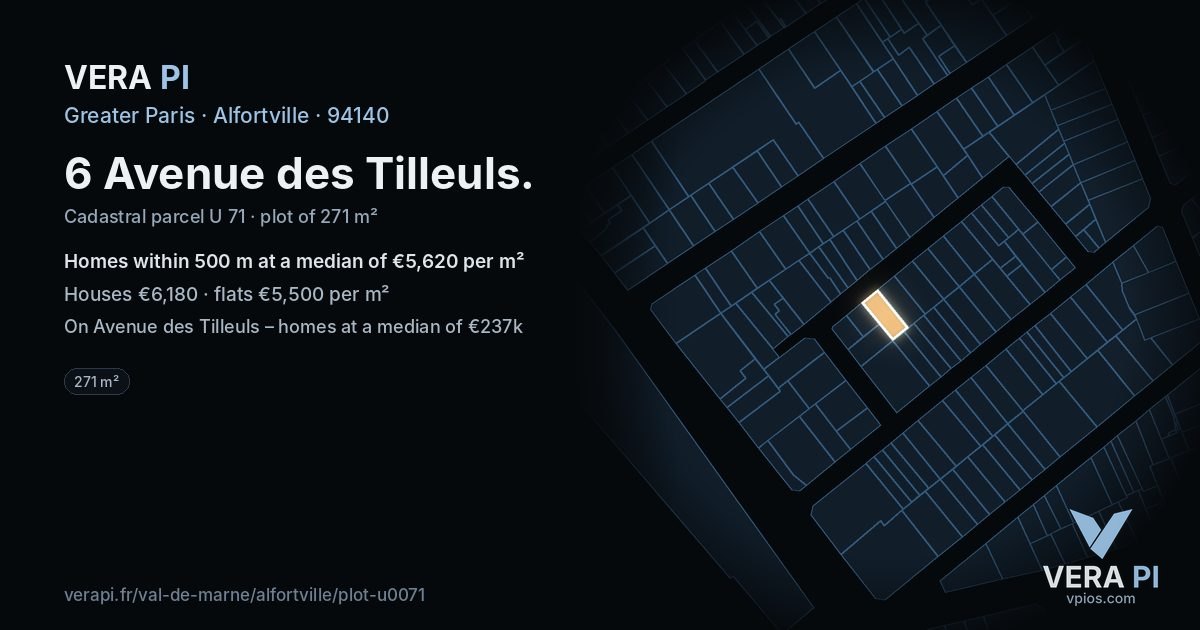 6 Avenue des Tilleuls, Alfortville at night – the plot lit, the parcels around coloured by the prices near them