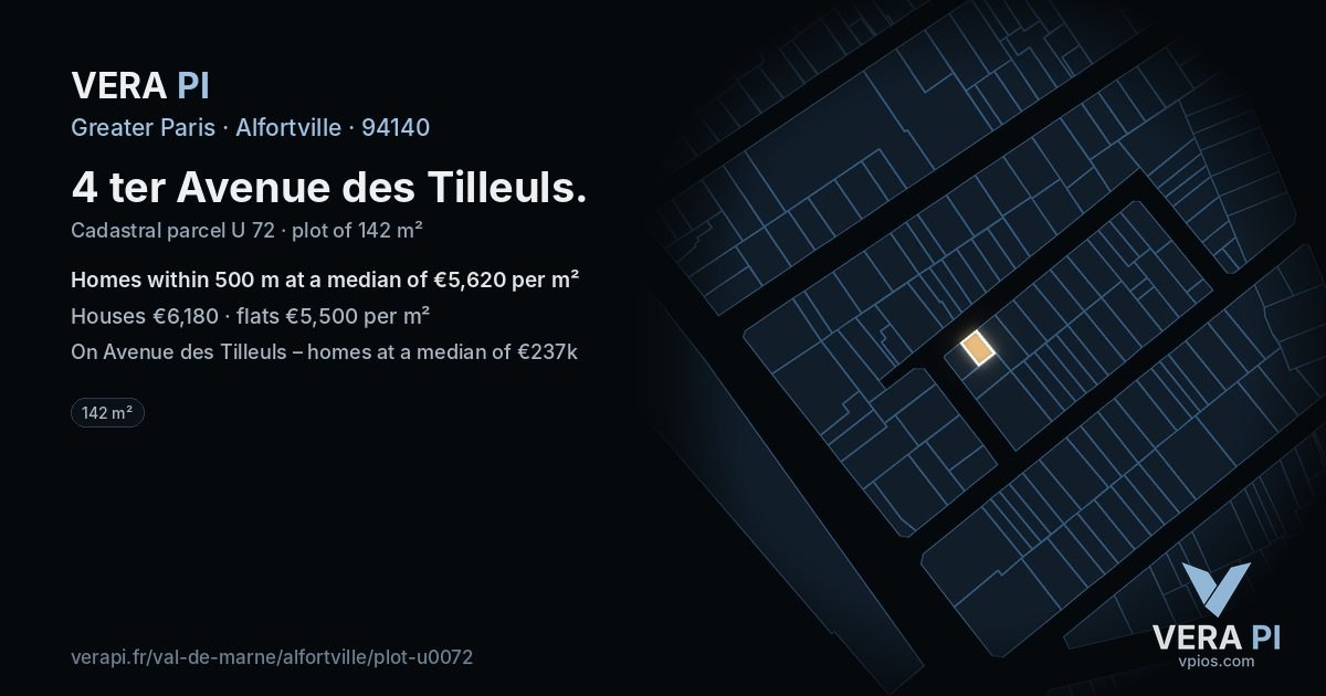 4 ter Avenue des Tilleuls, Alfortville at night – the plot lit, the parcels around coloured by the prices near them