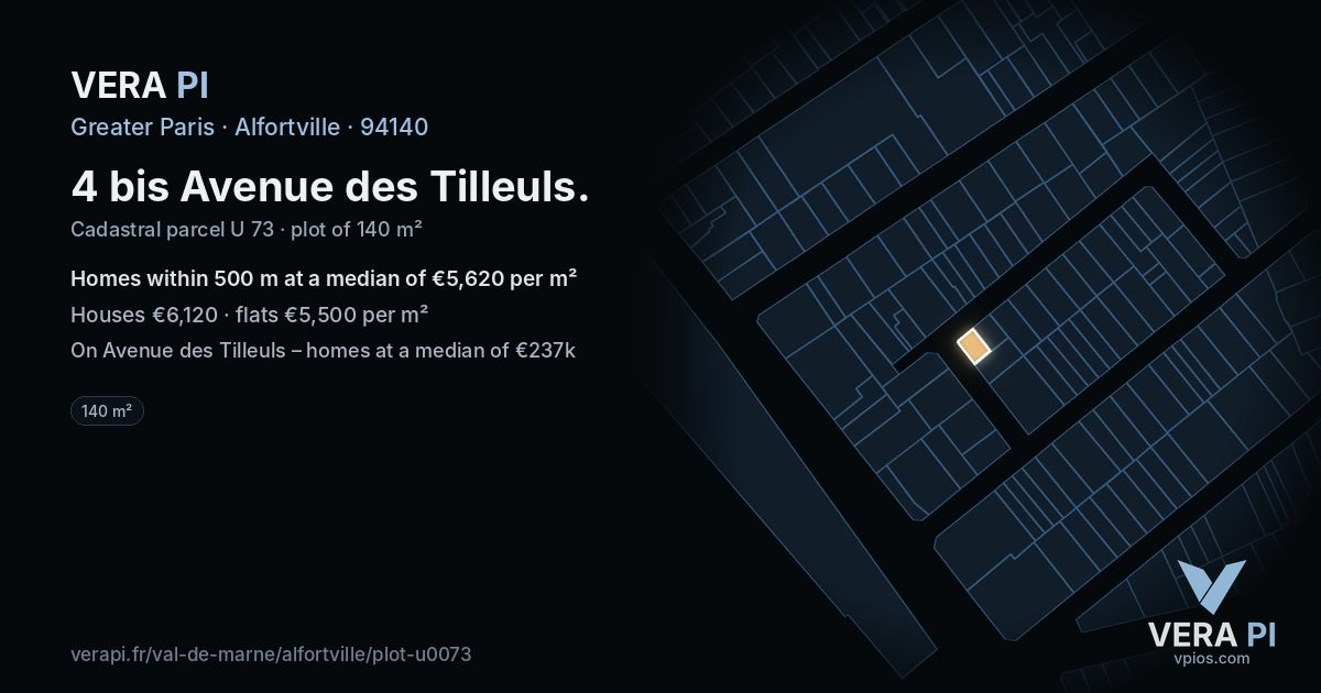 4 bis Avenue des Tilleuls, Alfortville at night – the plot lit, the parcels around coloured by the prices near them