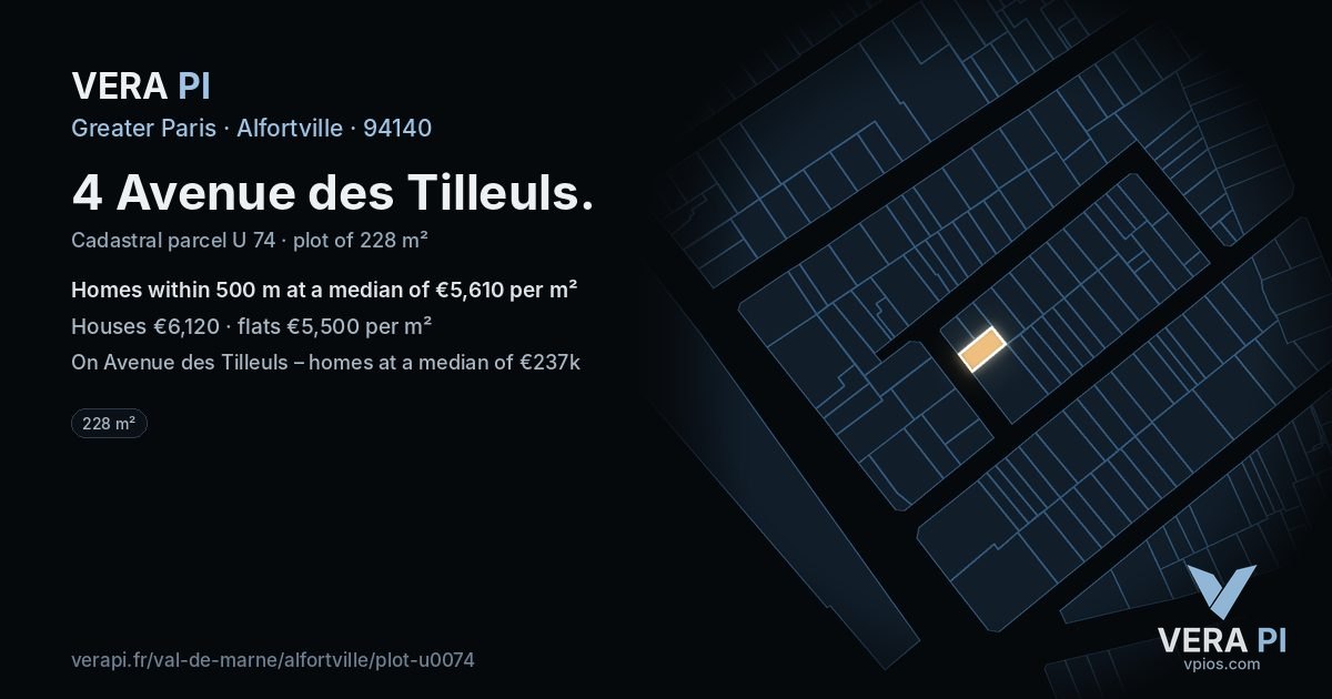 4 Avenue des Tilleuls, Alfortville at night – the plot lit, the parcels around coloured by the prices near them
