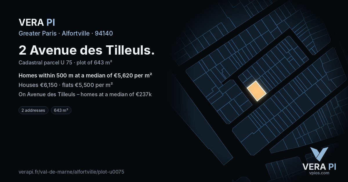 2 Avenue des Tilleuls, Alfortville at night – the plot lit, the parcels around coloured by the prices near them
