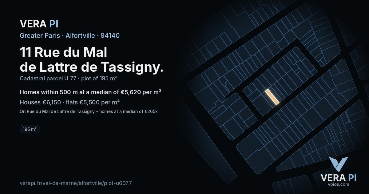 11 Rue du Mal de Lattre de Tassigny, Alfortville at night – the plot lit, the parcels around coloured by the prices near them