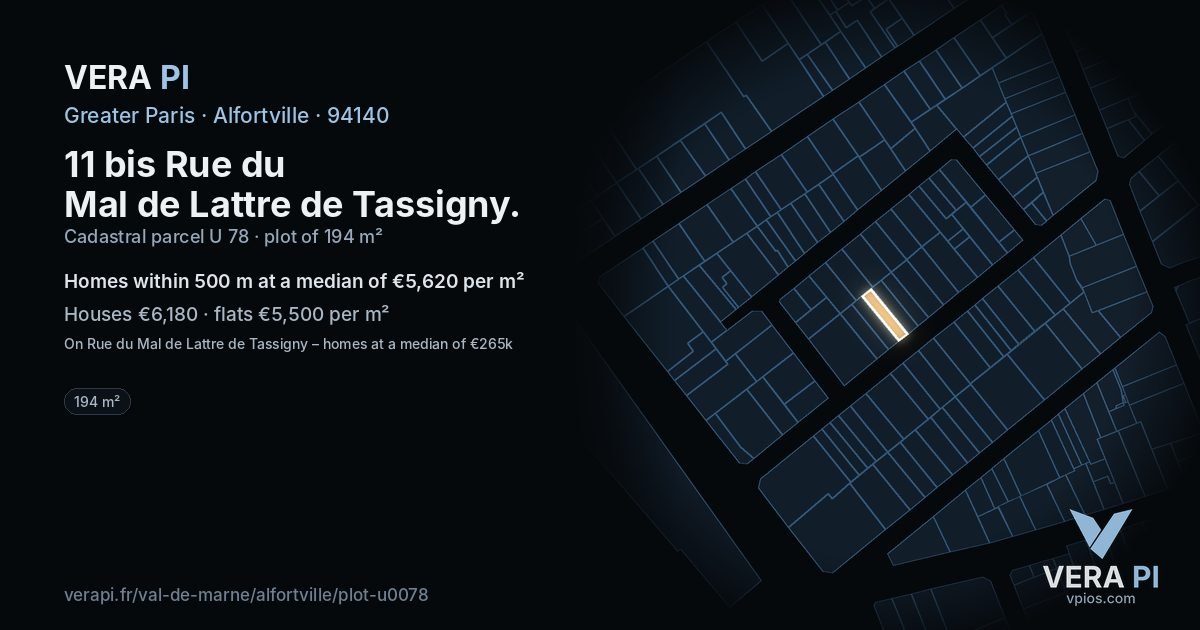 11 bis Rue du Mal de Lattre de Tassigny, Alfortville at night – the plot lit, the parcels around coloured by the prices near them
