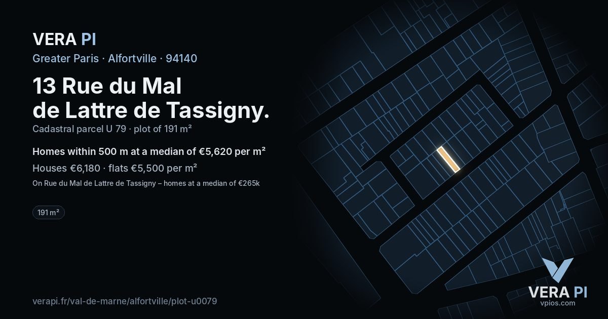 13 Rue du Mal de Lattre de Tassigny, Alfortville at night – the plot lit, the parcels around coloured by the prices near them