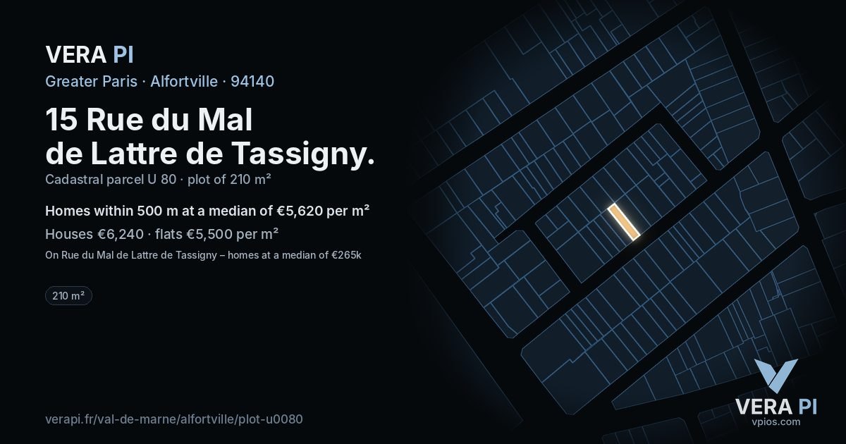 15 Rue du Mal de Lattre de Tassigny, Alfortville at night – the plot lit, the parcels around coloured by the prices near them