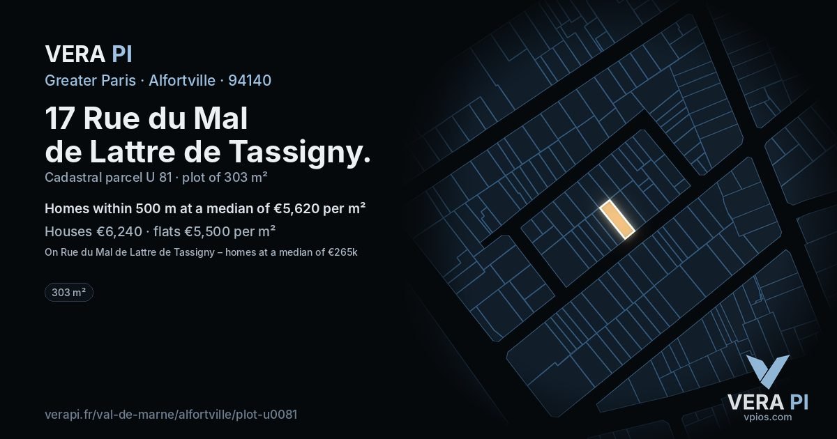 17 Rue du Mal de Lattre de Tassigny, Alfortville at night – the plot lit, the parcels around coloured by the prices near them
