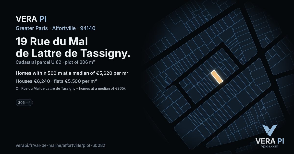 19 Rue du Mal de Lattre de Tassigny, Alfortville at night – the plot lit, the parcels around coloured by the prices near them
